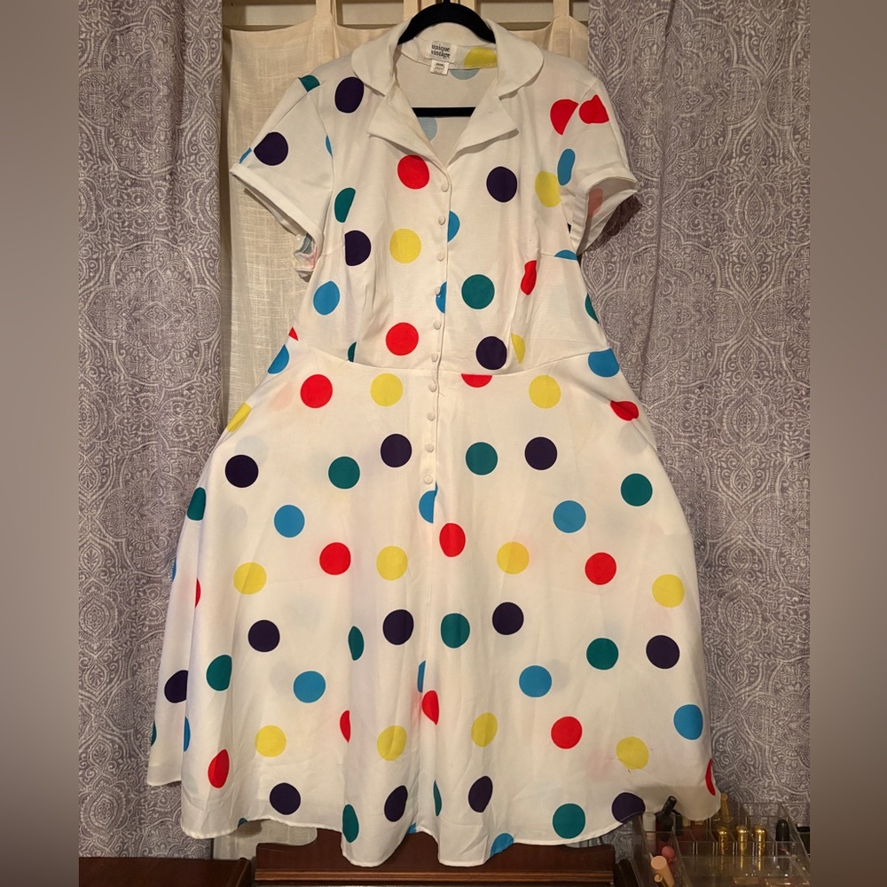 Unique Vintage White & Multicolor Polka Dots Make Me Over Flare Dress 2X